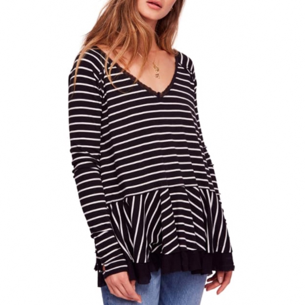 Free People Striped Long Sleeve Flounce Hem Tee
